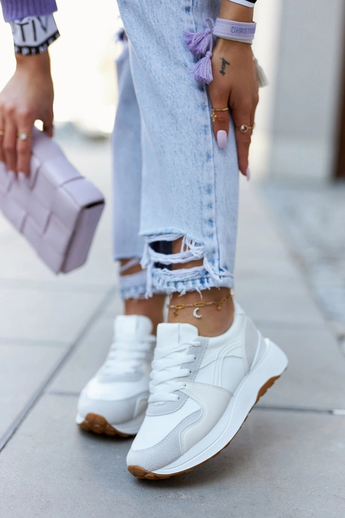 Skórzane Buty Sportowe Wiązane Biało-Szare Coryse