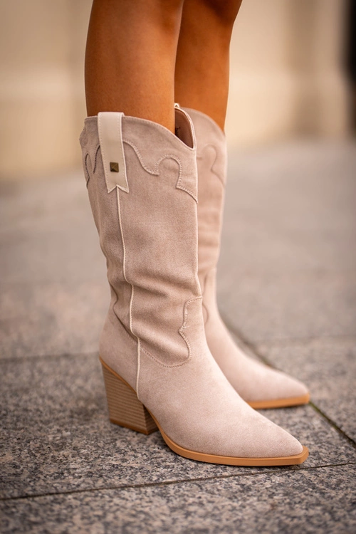 Ocieplane Kozaki Kowbojki Na Słupku Eko Zamszowe Beżowe Hanivin