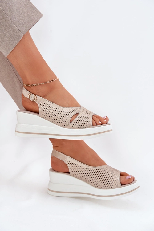 Skórzane Sandały Damskie Na Koturnie S.Barski LR51-660 Złote