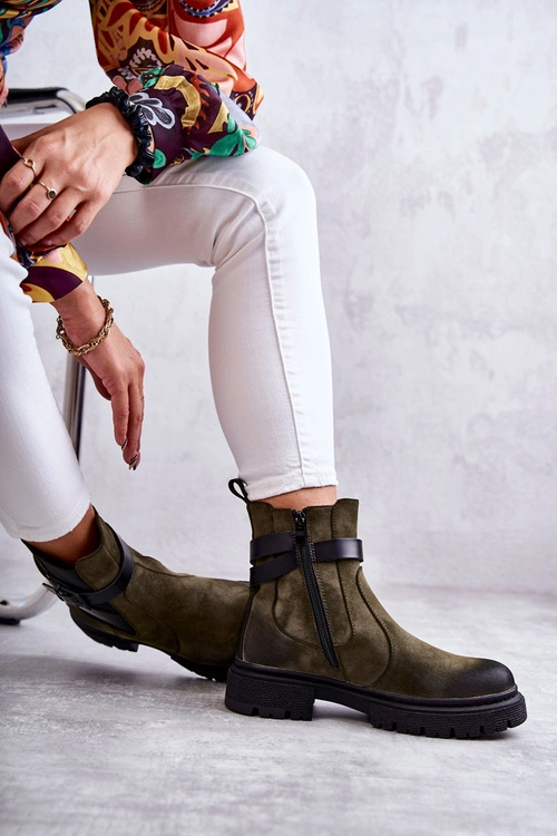 Damskie Ocieplane Botki Sztyblety Z Paskiem Zielone Jose