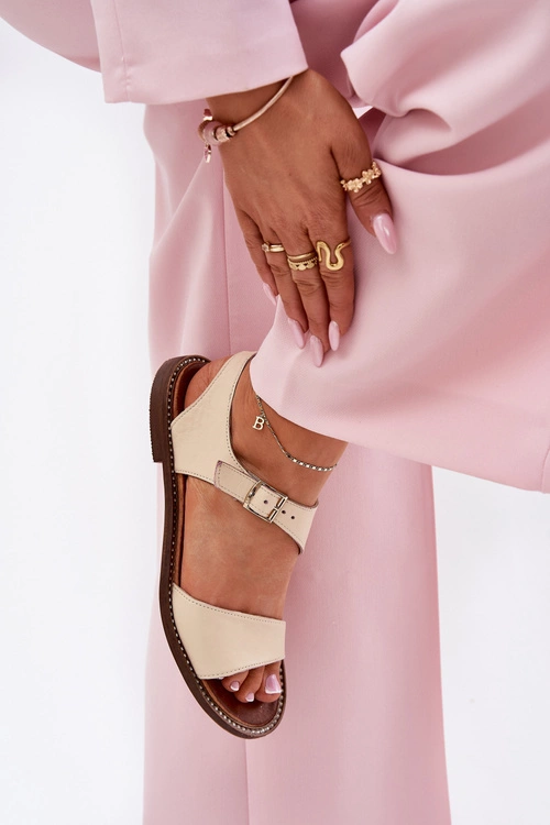 Skórzane Płaskie Sandały Damskie Zazoo 3014 Beżowe