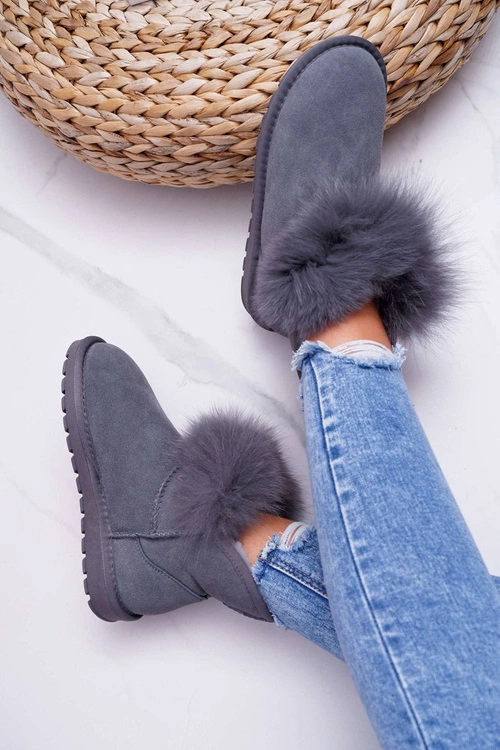 Damskie Botki Śniegowce Ocieplane Futerkiem Skóra Zamsz Szare Memento