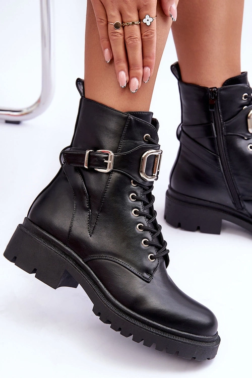 Modne Botki Workery Z Ozdobą Czarne Ollia