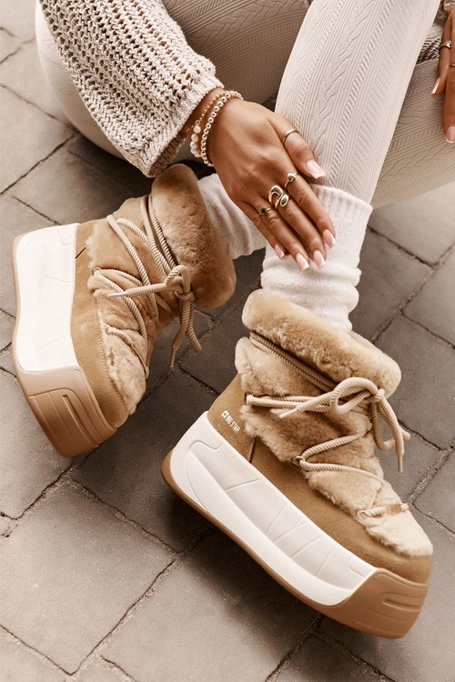 Skórzane Śniegowce Damskie Na Grubej Podeszwie Z Futerkiem Big Star OO274A207 Brązowe