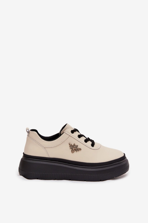 Skórzane Półbuty Damskie Na Platformie Z Przypinką Vinceza 41495 Beżowe