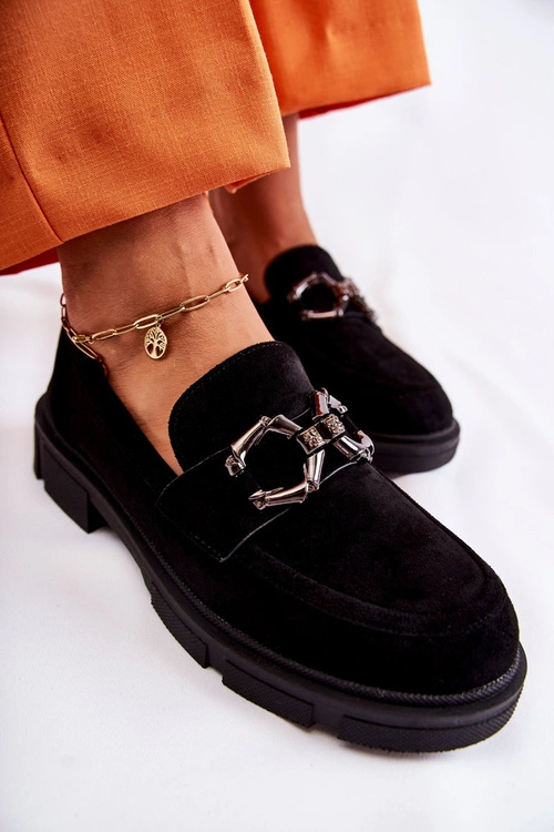 Zamszowe Półbuty Loafery Z Ozdobą Czarne Janissa