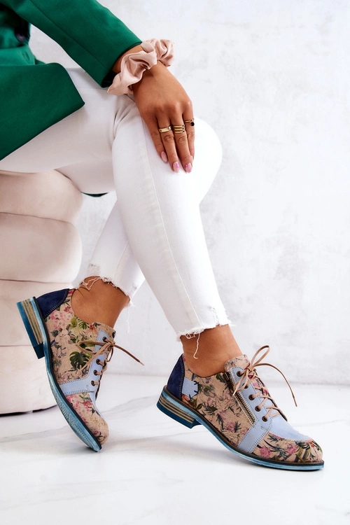 Damskie Skórzane Półbuty W Kwiaty Maciejka 5096A-34 Niebieskie