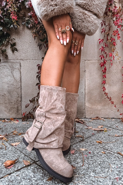 Kozaki Damskie Z Wywiniętą Cholewką Do Połowy Łydki Z Klamrą Khaki Minelle