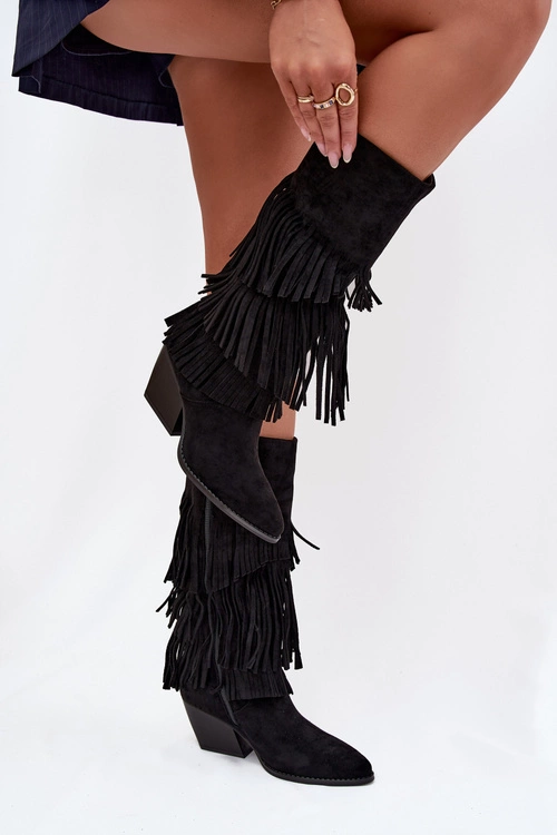 Ocieplane Kozaki Kowbojki Damskie Z Frędzlami Czarne Brivina