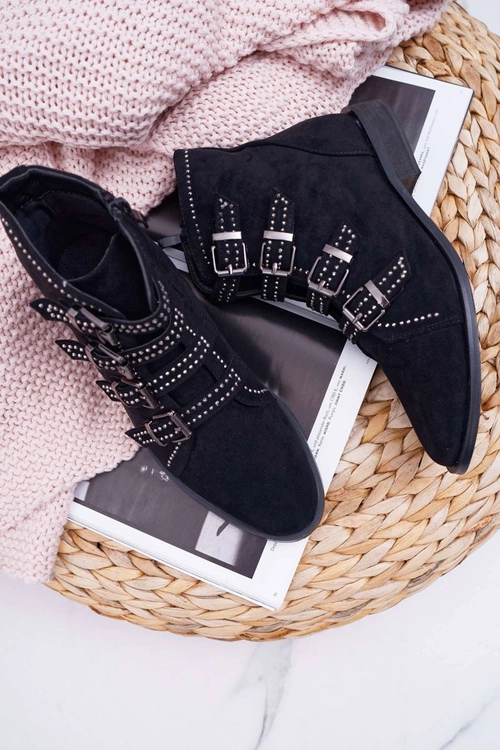 Damskie Botki Zamszowe Nity Klamry Czarne Berugio