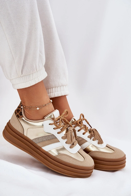 Sneakersy Damskie Na Platformie Z Podwójnym Sznurowaniem Panterka Złote Niteria