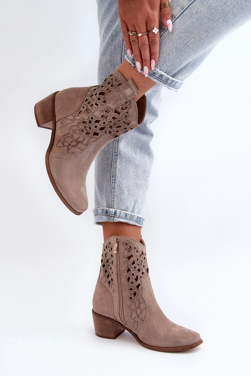 Zazoo 3394 Damskie Botki Na Obcasie Ażurowe Cappucino