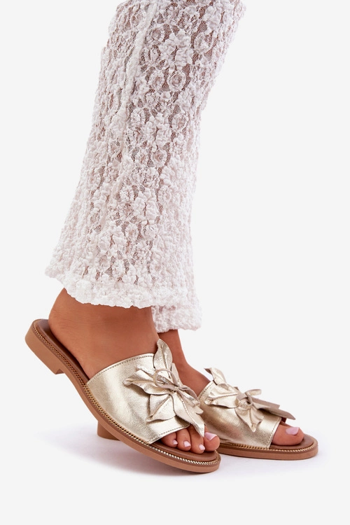 Klapki Z Ozdobą Skóra Naturalna Zazoo 3667 Złote