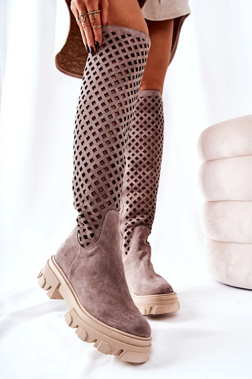 Zamszowe Ażurowe Kozaki Jasnobrązowe Kallede