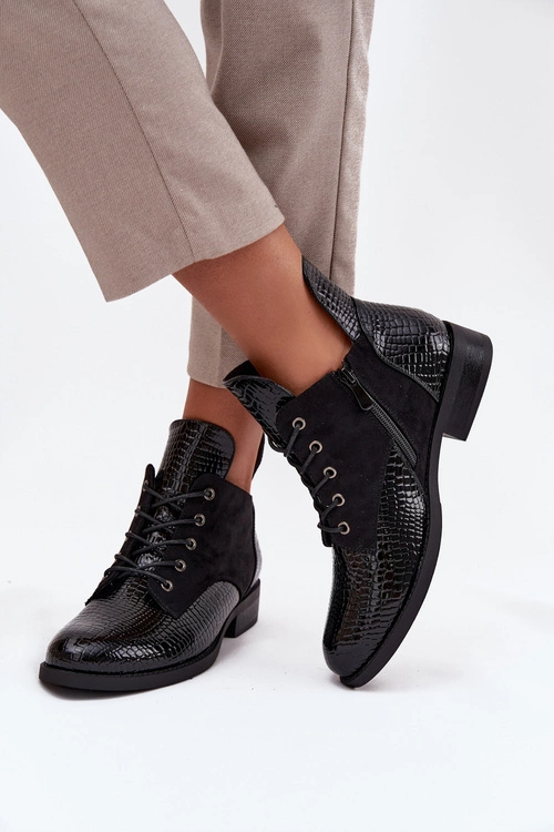 Lakierowane Botki Damskie Z Ozdobnym Tłoczeniem Ocieplane Vinceza 16477 Czarne