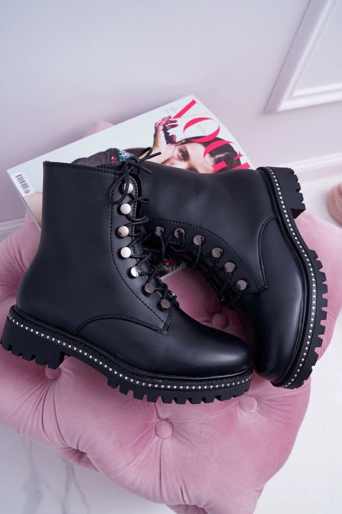 Botki Damskie Płaski Obcas Wysokie Glany Czarne Buena