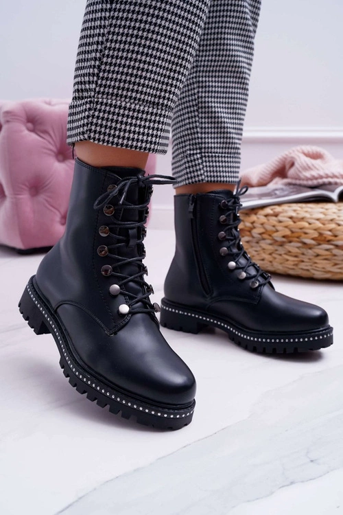 Botki Damskie Płaski Obcas Wysokie Glany Czarne Buena