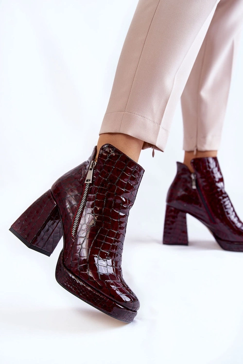 Skórzane Botki Na Obcasie Krokodyli Wzór Bordowe Alienore