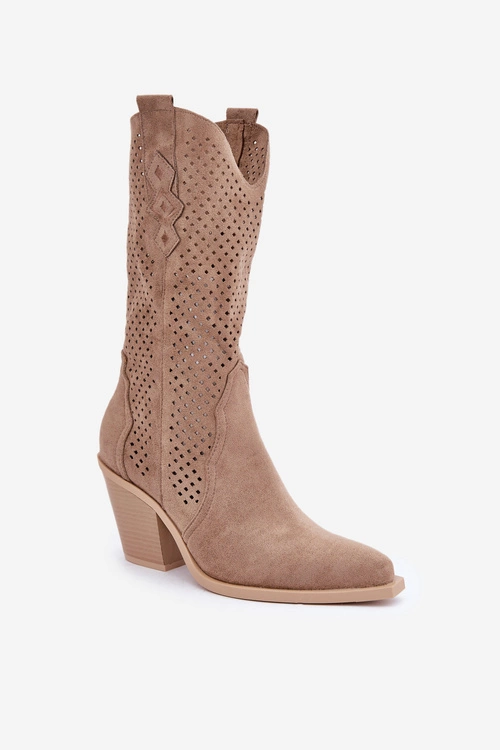 Ażurowe Botki Kowbojki Na Słupku Ciemnobeżowe Salive