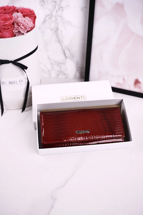 Duży Skórzany Portfel Damski LORENTI Lakierowany Czerwony