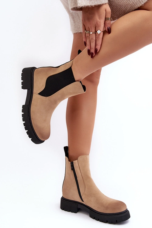 Damskie Ocieplane Botki Sztyblety Na Suwak Beżowe Vesta