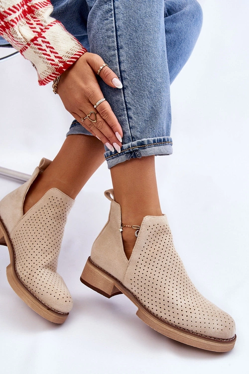 Zamszowe Ażurowe Botki Na Płaskim Obcasie Beżowe Angie