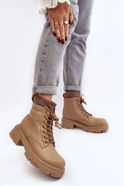 Trapery Botki Damskie Ze Skarpetą Beżowe Rivella