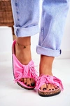 Damskie Różowe Fluo Klapki Na Korku Frędzle Marina