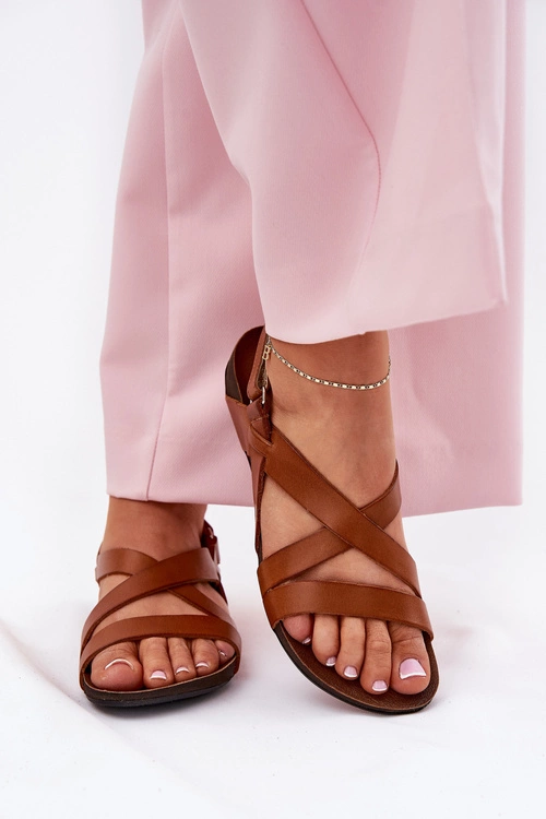 Płaskie Skórzane Sandały Damskie Zazoo 40032 Brązowe