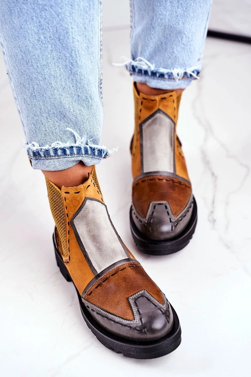 Botki Damskie Skórzane Sztyblety Maciejka Żółte 04634