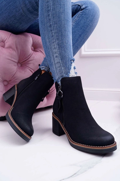 Damskie Botki Na Słupku Ocieplane Filcem Czarne Delia