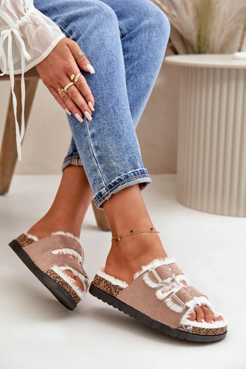 Damskie Kapcie Klapki Z Klamrami I Futerkiem Beżowe Ezilena