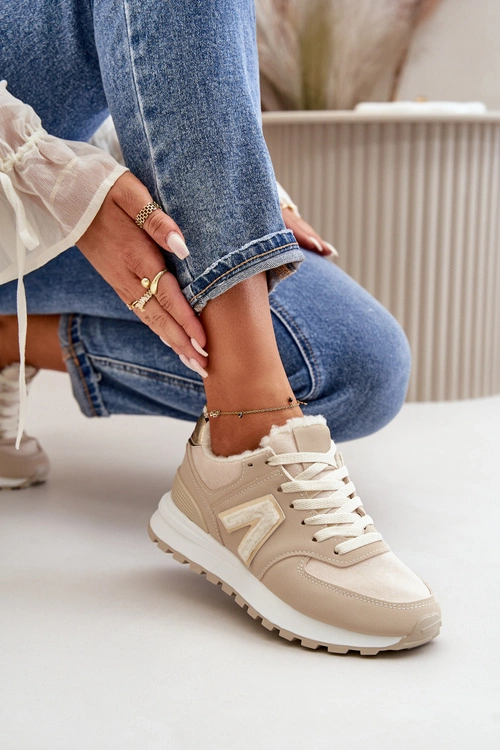 Sneakersy Buty Sportowe Damskie Ocieplane Kożuchem Beżowe Ciamara