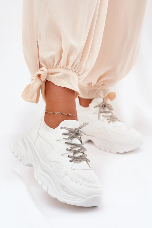 Sneakersy Damskie Na Platformie Ozdobnym Sznurowaniem Białe Evalianne
