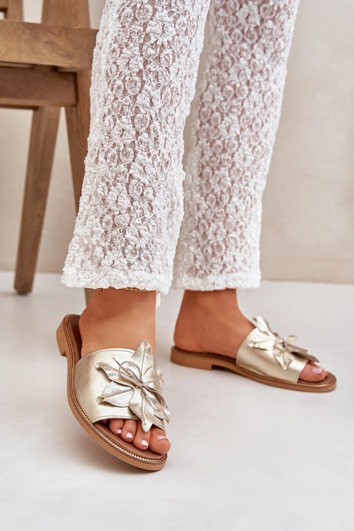 Klapki Z Ozdobą Skóra Naturalna Zazoo 3667 Złote