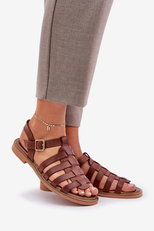 Skórzane Sandały Na Płaskim Obcasie Zazoo 3686 Brązowe