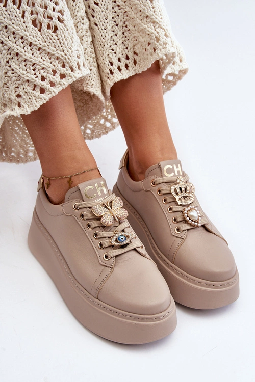 Damskie Skórzane Sneakersy Z Ozdobami CheBello 4292 Beżowe