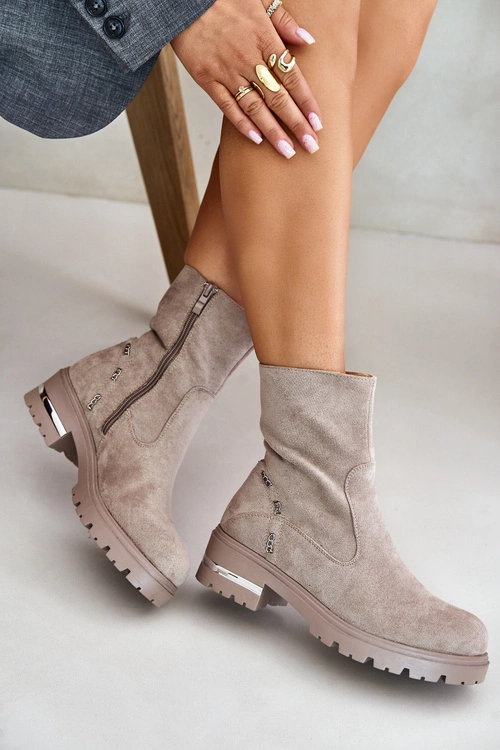 Ocieplane Botki Damskie Z Eko Zamszu Na Zamek Beżowe Narilie
