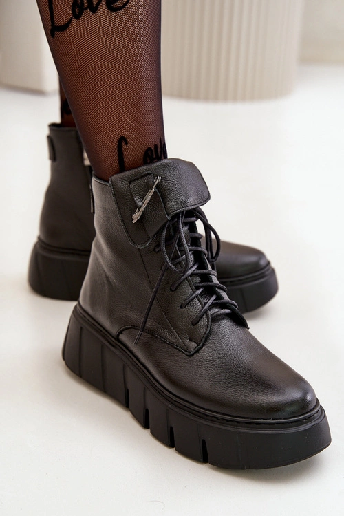 Zazoo 60511 Skórzane Botki Damskie Na Platformie Ocieplane Czarne