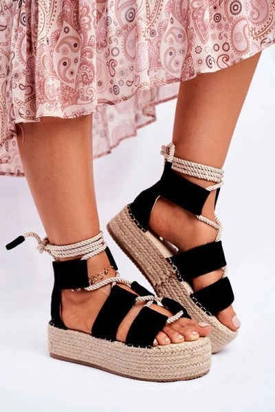 Espadryle Damskie Na Platformie Lniane Czarne India