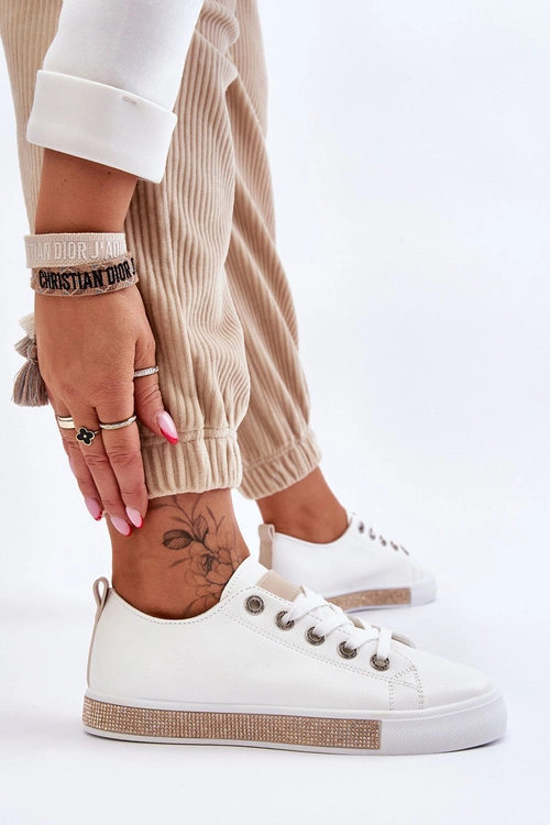 Niskie Trampki Damskie Z Dżetami Biało-Beżowe Demira