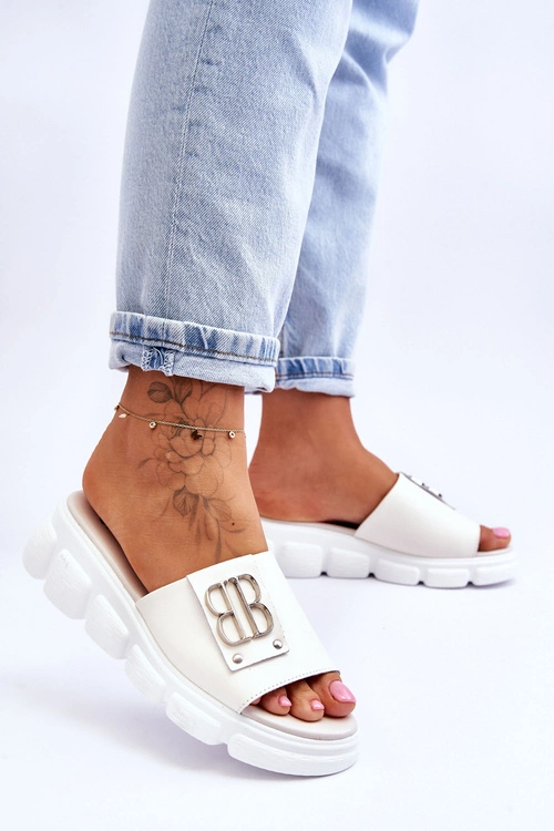 Damskie Skórzane Klapki Na Platformie Z Ozdobą Beżowe Monroe