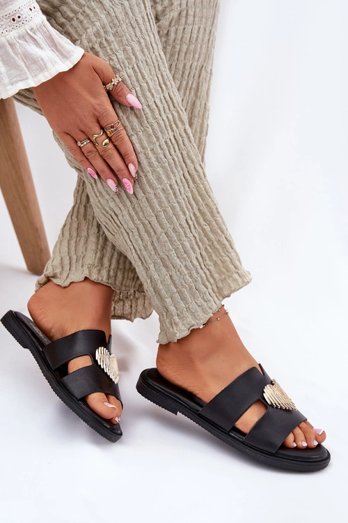 Klapki Damskie Na Płaskim Obcasie Ze Złotą Ozdobą Czarne Karinma