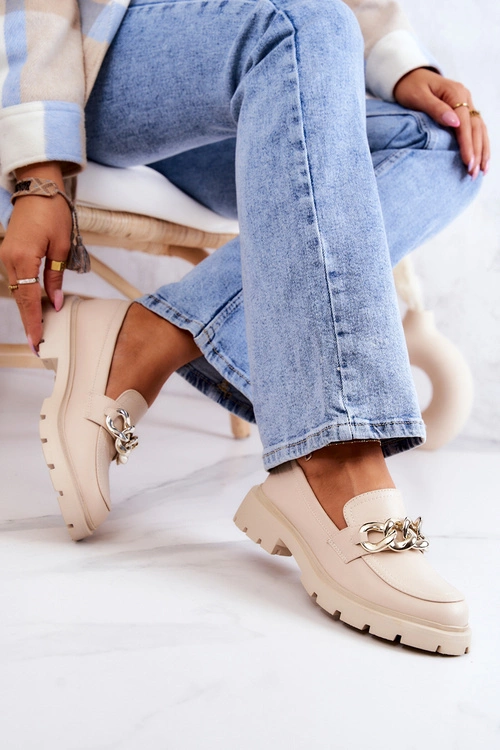 Skórzane Półbuty Loafery Łańcuch Beżowe Amicable