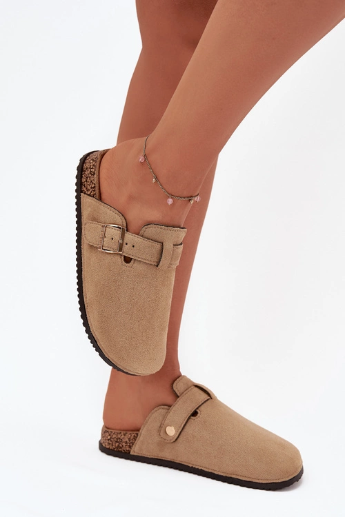 Klapki Chodaki Damskie Na Korkowej Platformie Ze Złotą Klamrą Big Star SS274738 Beżowe