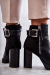 Skórzane Botki Na Obcasie Z Ozdobnym Zamkiem Czarne Rosita