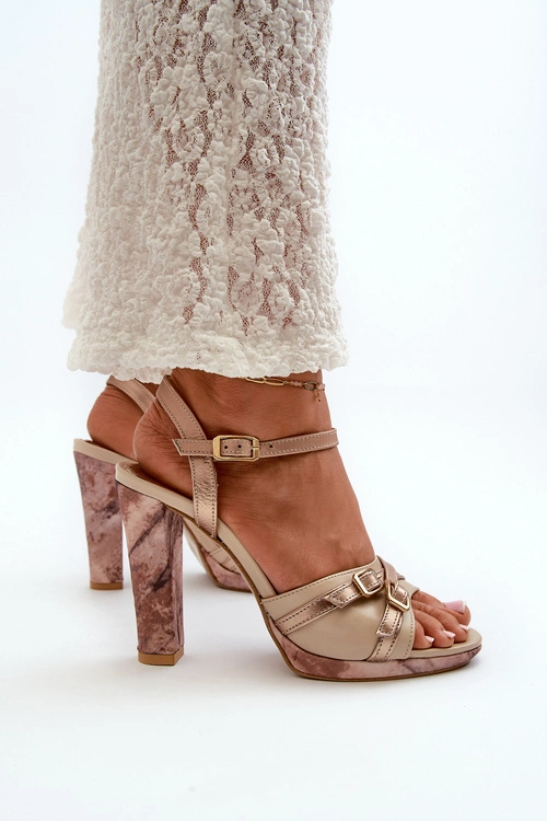 Skórzane Sandały Damskie Na Słupku Maciejka 06564-22 Beżowo-Złote