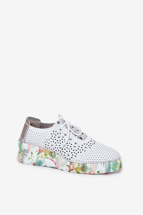 Skórzane Półbuty Damskie Na Koturnie Artiker 56C1799 Biało-Srebrne