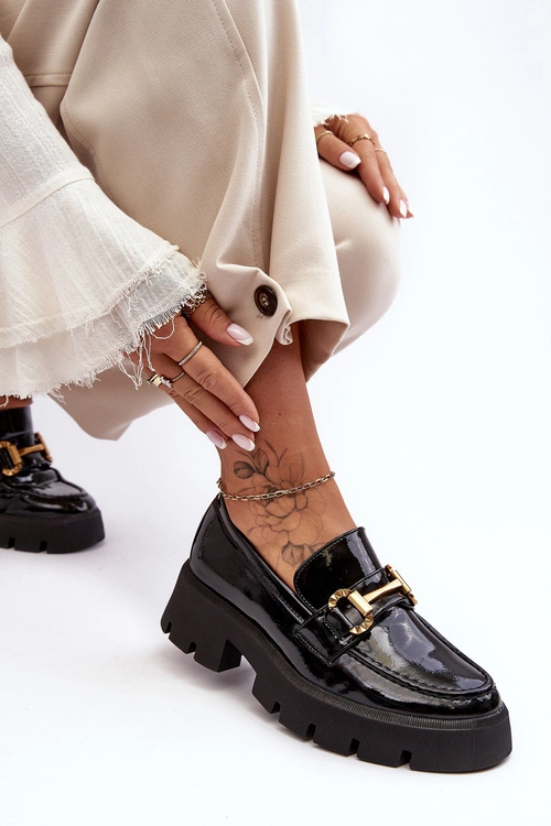 Damskie Lakierowane Półbuty Loafery Z Ozdobą Czarne Peuria