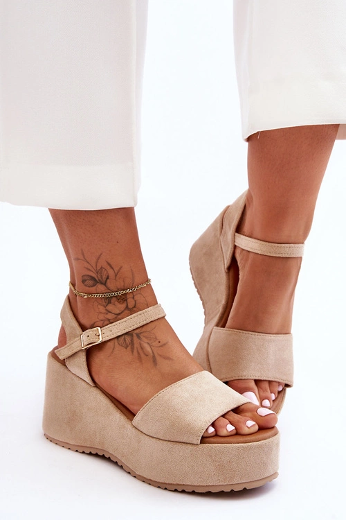 Damskie Zamszowe Sandałki Na Koturnie Beżowe Lydia